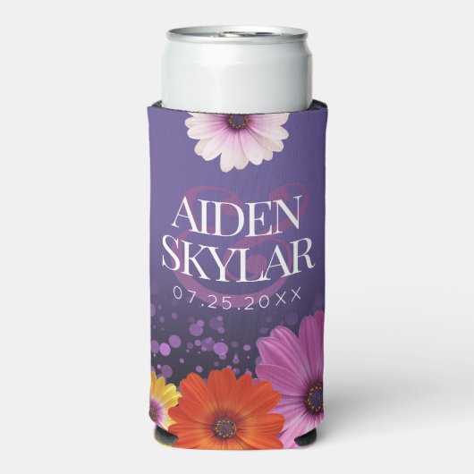 Elegant Daisies mit Lila Glitzer Hochzeit Selters Dosenkühler (Seltzer Vorderseite)