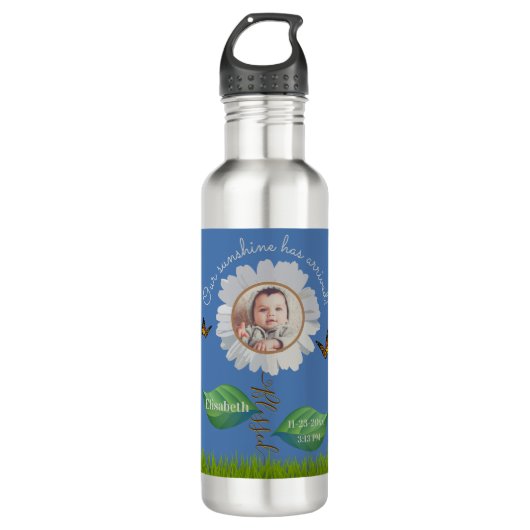 Elegant Daisy Blue Floral Niedlich Baby Foto & Nam Edelstahlflasche (Vorderseite)