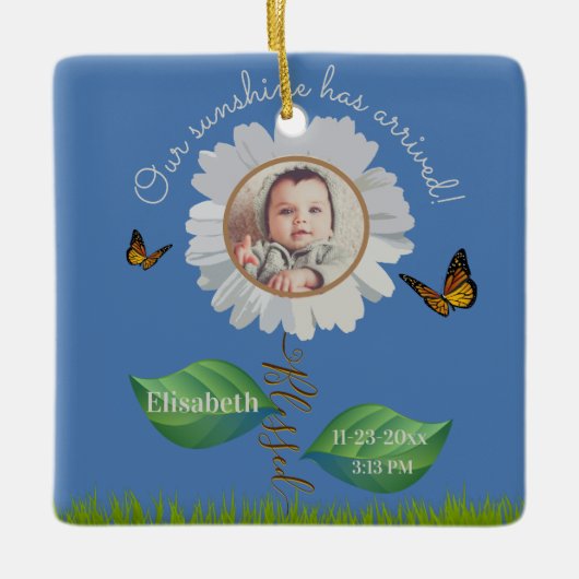 Elegant Daisy Blue Floral Niedlich Baby Foto & Nam Keramikornament (Vorderseite)