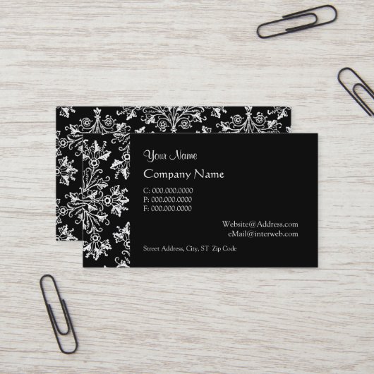Elegant Daisy Damask in White on Black Custom Visitenkarte (Vorderseite/Rückseite Beispiel)