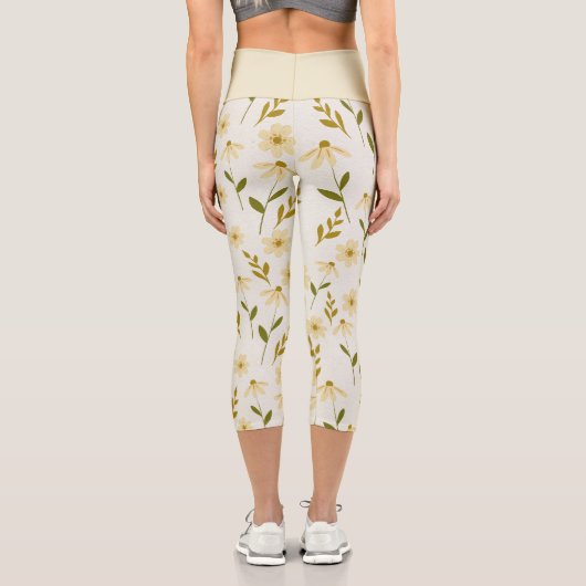 Elegant Daisy Floral Design Elfenbeingrüne Zweigst Capri Leggings (Rückseite)