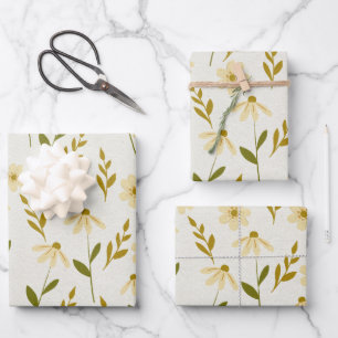 Elegant Daisy Floral Design Elfenbeingrüne Zweigst Geschenkpapier Set
