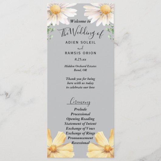 Elegant Daisy | Gray Wedding Brautparty Flat Programm (Vorderseite)