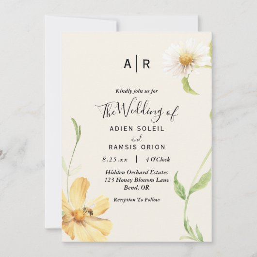 Elegant Daisy Monogram Wedding Einladung (Vorderseite)