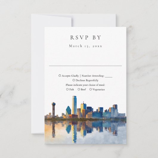 Elegant Dallas Skyline Watercolor Wedding RSVP Karte (Vorderseite)