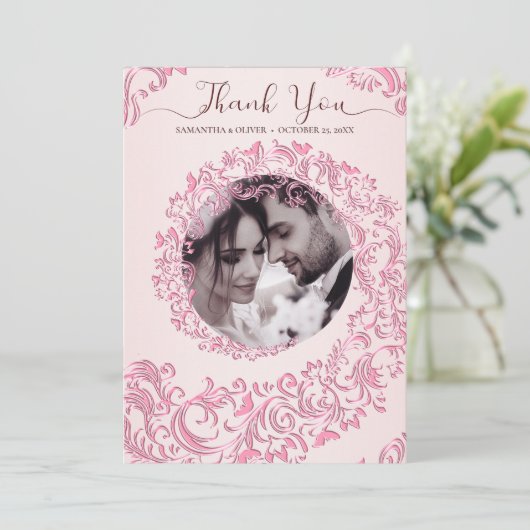 Elegant Damask Beige Wedding Danke Card (Stehend Vorderseite)