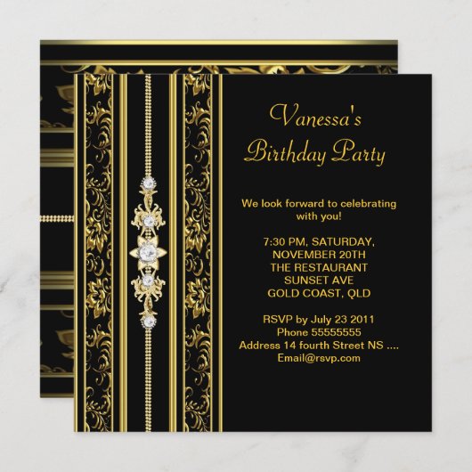 Elegant Damask Birthday Party Gold Black Einladung (Vorne/Hinten)