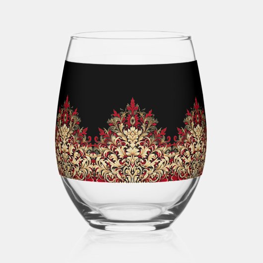 Elegant Damask Black Red and Gold Pattern Weinglas Ohne Stiel (Vorderseite)