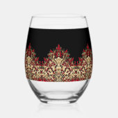 Elegant Damask Black Red and Gold Pattern Weinglas Ohne Stiel (Rückseite)