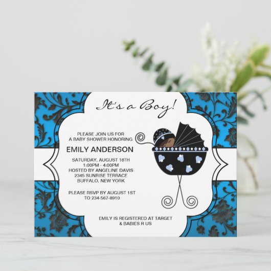 Elegant Damask Blue Black Baby Boy Dusche Einladung (Stehend Vorderseite)
