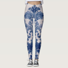 Elegant Damask Blue Toile de jouy Leggings