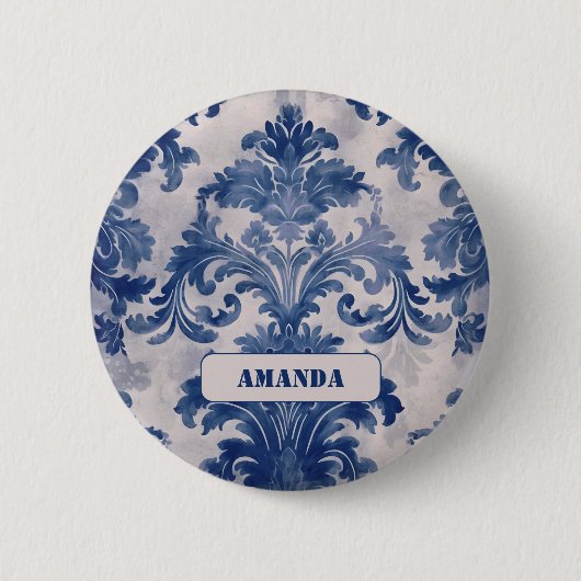 Elegant Damask Blue toile de jouy monogram Button (Vorderseite)