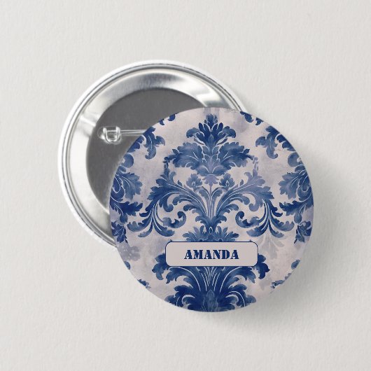 Elegant Damask Blue toile de jouy monogram Button (Vorne & Hinten)