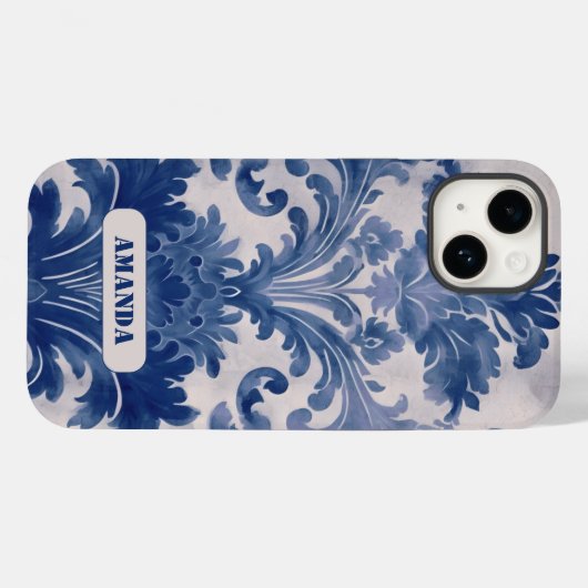 Elegant Damask Blue toile de jouy monogram Case-Mate iPhone Hülle (Rückseite (Horizontal))
