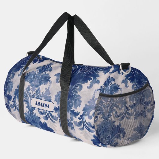 Elegant Damask Blue toile de jouy monogram Duffle Bag (Rechte Ecke)