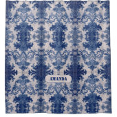 Elegant Damask Blue toile de jouy monogram Duschvorhang (Vorderseite)
