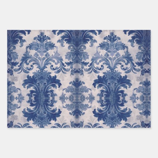 Elegant Damask Blue toile de jouy monogram Geschenkpapier Set (Vorderseite 2)