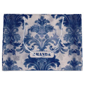 Elegant Damask Blue toile de jouy monogram Große Geschenktüte (Vorderseite)