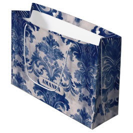 Elegant Damask Blue toile de jouy monogram Große Geschenktüte