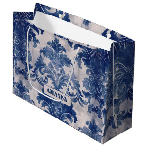 Elegant Damask Blue toile de jouy monogram Große Geschenktüte
