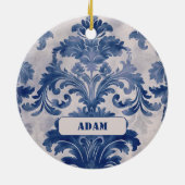 Elegant Damask Blue toile de jouy monogram Keramik Ornament (Hinten)