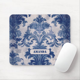 Elegant Damask Blue toile de jouy monogram Mousepad