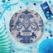 Elegant Damask Blue toile de jouy monogram Pappteller (Party)