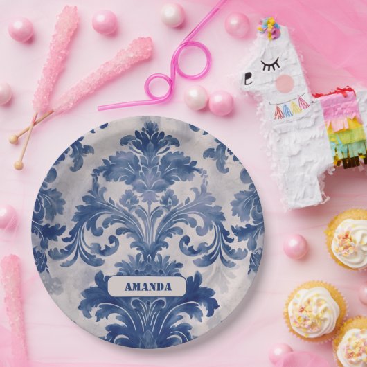 Elegant Damask Blue toile de jouy monogram Pappteller (Party)