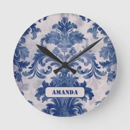 Elegant Damask Blue toile de jouy monogram Runde Wanduhr