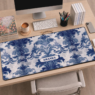 Elegant Damask Blue toile de jouy monogram Schreibtischunterlage