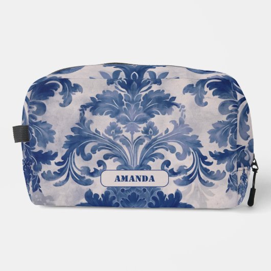 Elegant Damask Blue toile de jouy monogram Waschbeutel (Vorderseite)