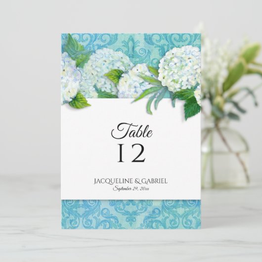 Elegant Damask Blue White Hydrangea Tischnummer (Stehend Vorderseite)