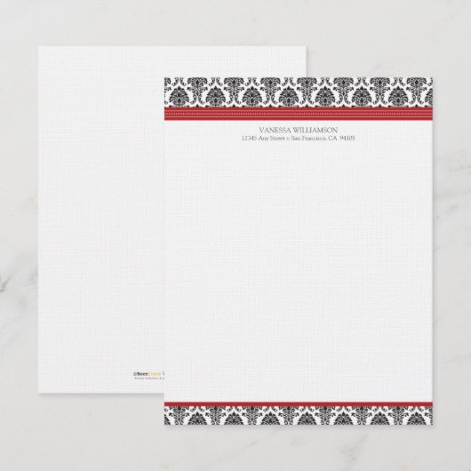 Elegant Damask Custom Flat Mitteilungskarten (rot) (Vorne/Hinten)