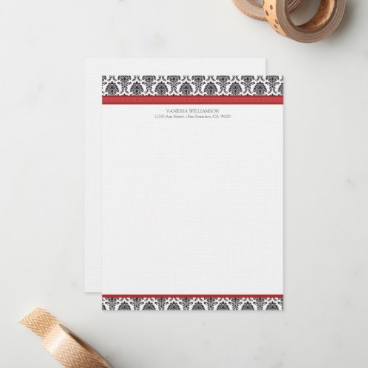 Elegant Damask Custom Flat Mitteilungskarten (rot) (Vorderseite/Rückseite Beispiel)