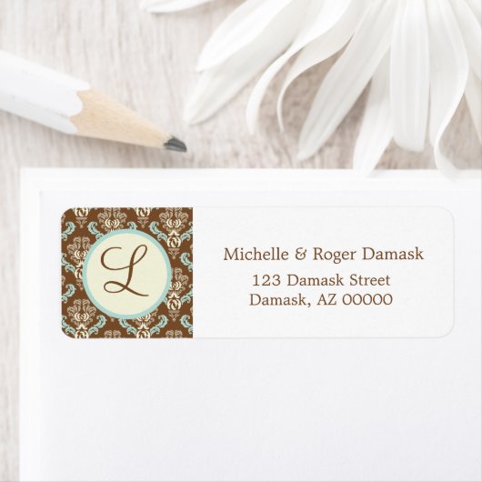 Elegant Damask Custom Monogram Brown White Blue (Insitu)