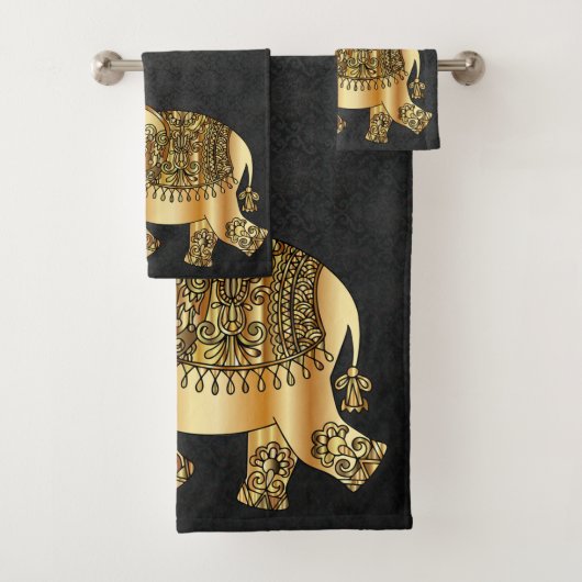 Elegant Damask Gold Paisley Elephant Badhandtuch Set (Insitu)