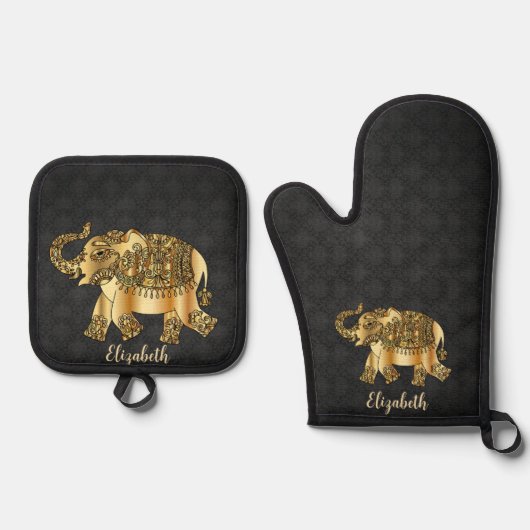 Elegant Damask Gold Paisley Elephant Ofenhandschuh & Topflappen-Set (Vorderseite)