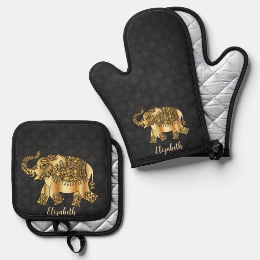 Elegant Damask Gold Paisley Elephant Ofenhandschuh & Topflappen-Set (Vorderseite/Rückseite)