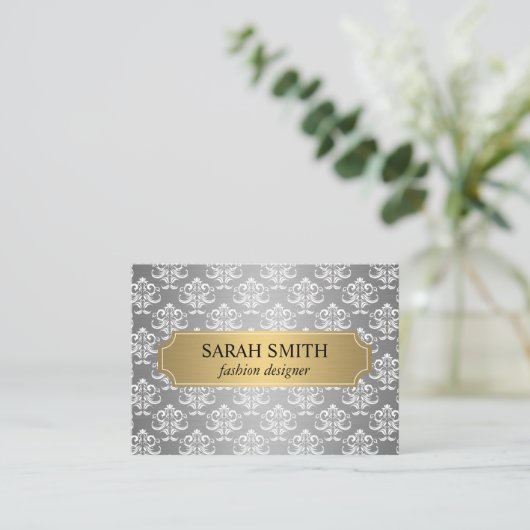 Elegant Damask / Gold Silver Metallic Visitenkarte (Stehend Vorderseite)