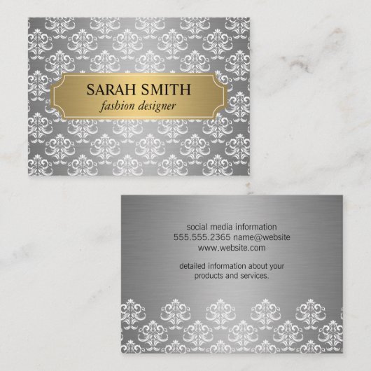 Elegant Damask / Gold Silver Metallic Visitenkarte (Vorne/Hinten)