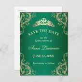 Elegant Damask Green Quinceanera Save the Date Postkarte (Vorne/Hinten)