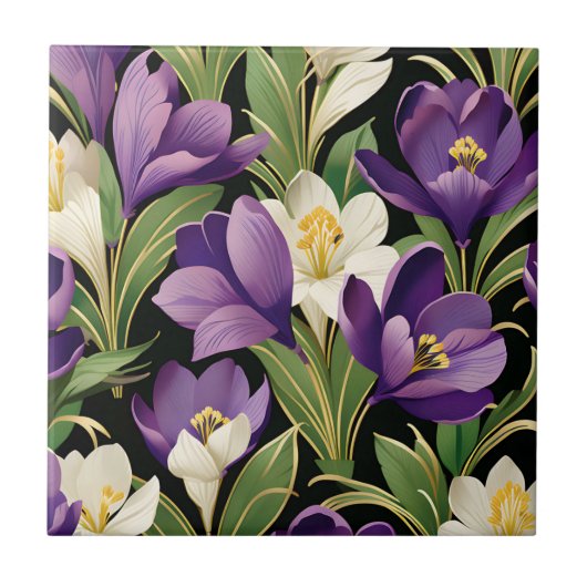 Elegant Damask mit Crocus Blume Fliese (Vorderseite)