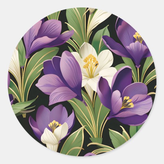 Elegant Damask mit Crocus Blume Runder Aufkleber (Vorderseite)