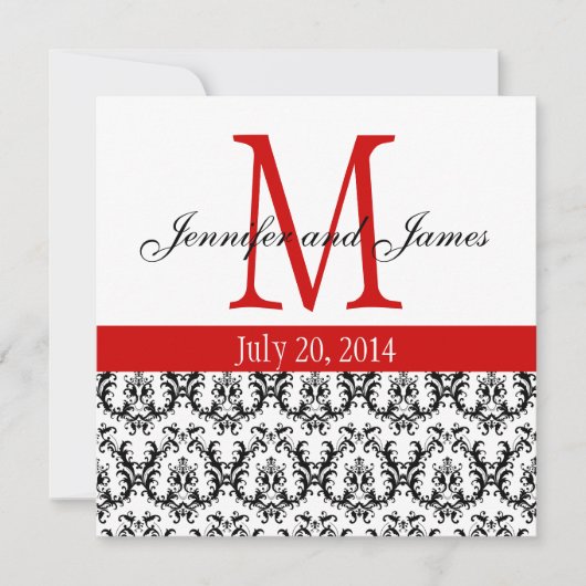 Elegant Damask Monogram Wedding Invitation Red Einladung (Vorderseite)
