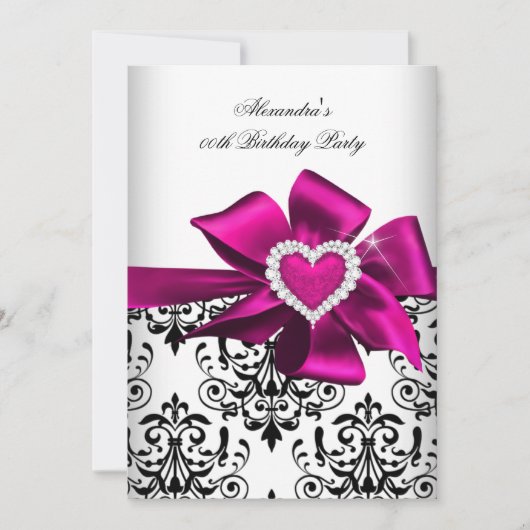 Elegant Damask Pink Heart Jewel Geburtstag Einladung (Vorderseite)