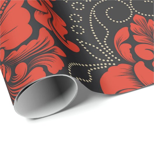 Elegant Damask Red and black wrapping paper roll Geschenkpapier (Rolleneckpunkt)