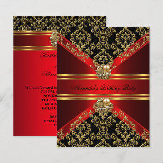 Elegant Damask Regal Red Gold Black Birthday Einladung