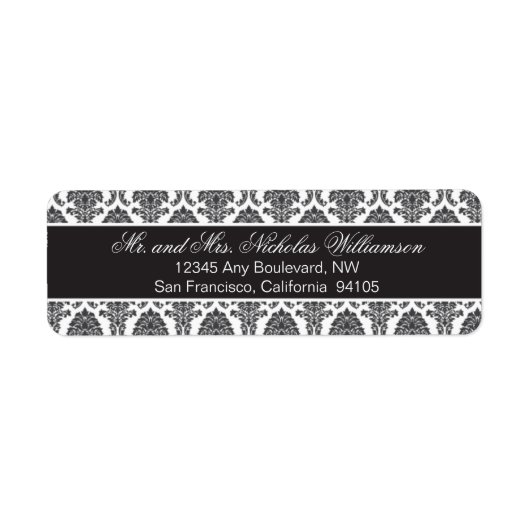 Elegant Damask Return Address Label (schwarz) (Vorne)
