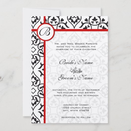 Elegant Damask Side Borders Red Trim Wedding Einladung (Vorderseite)