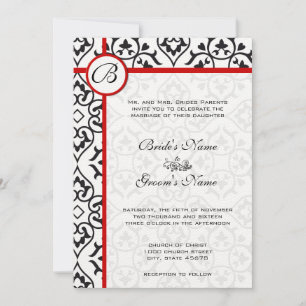 Elegant Damask Side Borders Red Trim Wedding Einladung